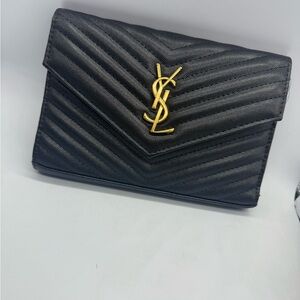 Yves Saint Laurent Black Chevron Clutch with Gold Logo